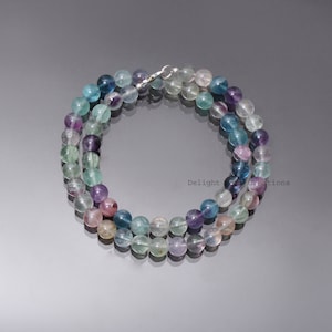 AAA++ grade fluorite beaded necklace-8mm smooth round colorful gemstone beads-fluorite jewelry-Women necklace-925 silver lock-Christmas gift