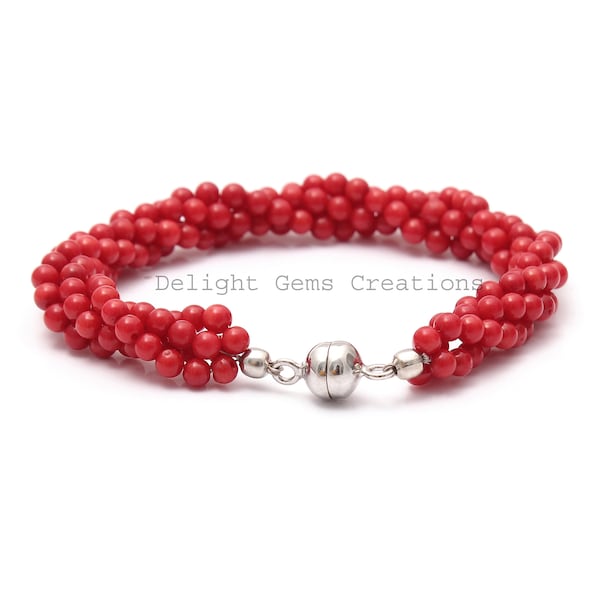 Bracelet corail rouge, perles de pierre précieuse rouge de 4 mm, bracelet Shamballa, bracelet de perles rondes lisses de corail avec fermoir magnétique, cadeau de Noël pour elle