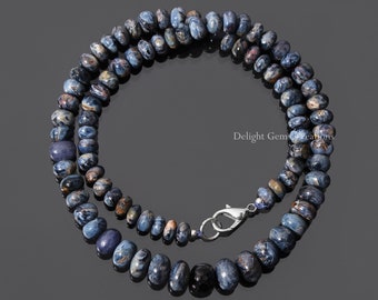 Blue Pietersite Gemstone Necklace, Rondelle Beads, 17 Inch