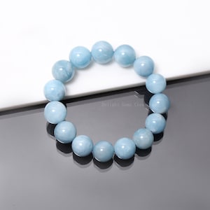 Blauer Aquamarin Perlenarmband, Stretch Armband, 14-15 mm Aquamarin Beryll Glatte runde Perlenarmband, März Geburtsstein Perlenarmband, Geschenk
