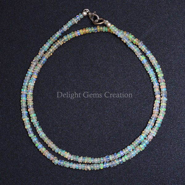 Natural Ethiopian Opal Beaded Necklace, 3-4mm Ethiopian Fire Opal Smooth Roundel Bead Necklace, Welo Opal Gemstone Necklace 17 Inch,Gift Her