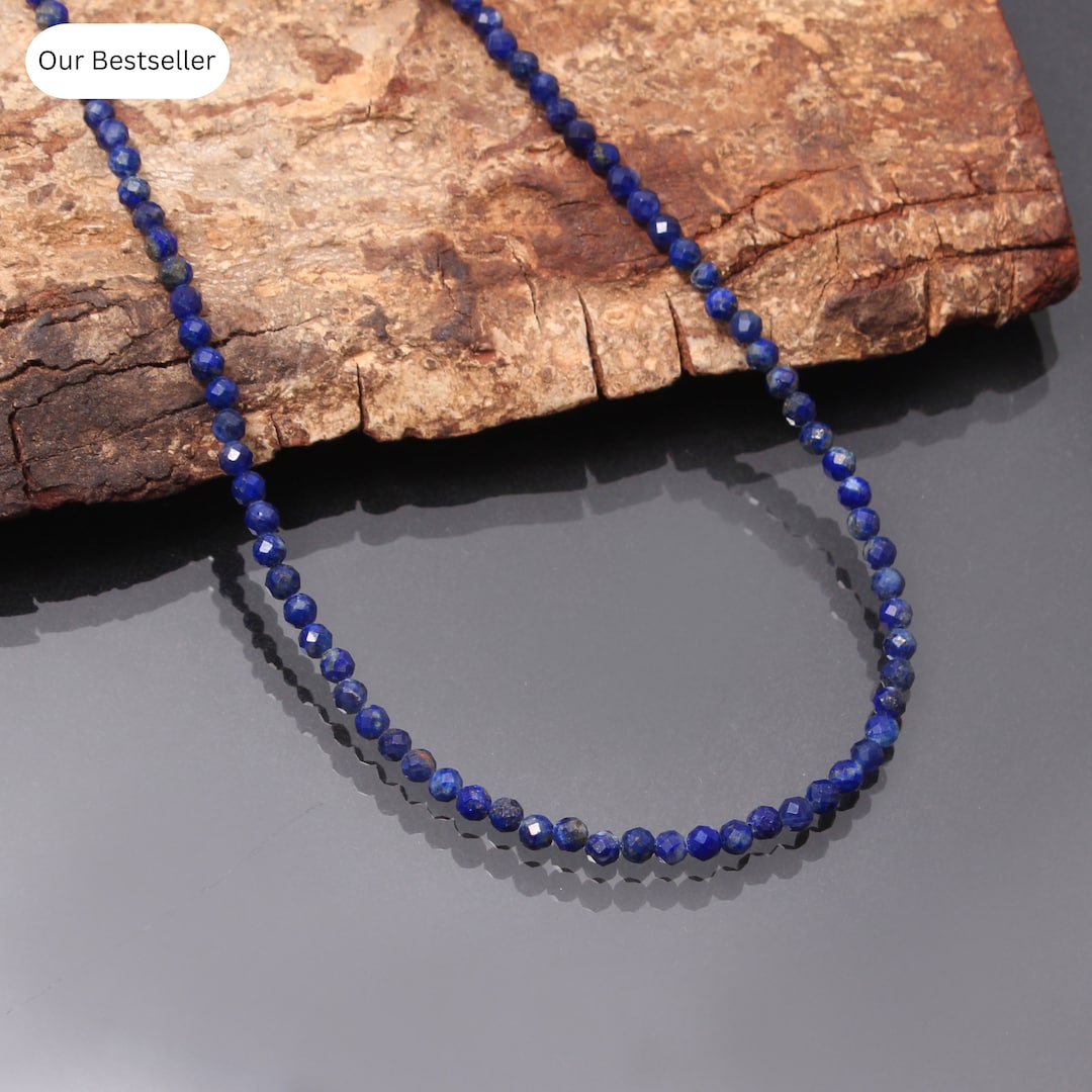 Collier Lapis-lazuli Et Plaqué Or - Perles Rondes Facettées, Longueur 18 Pouces, Réglable