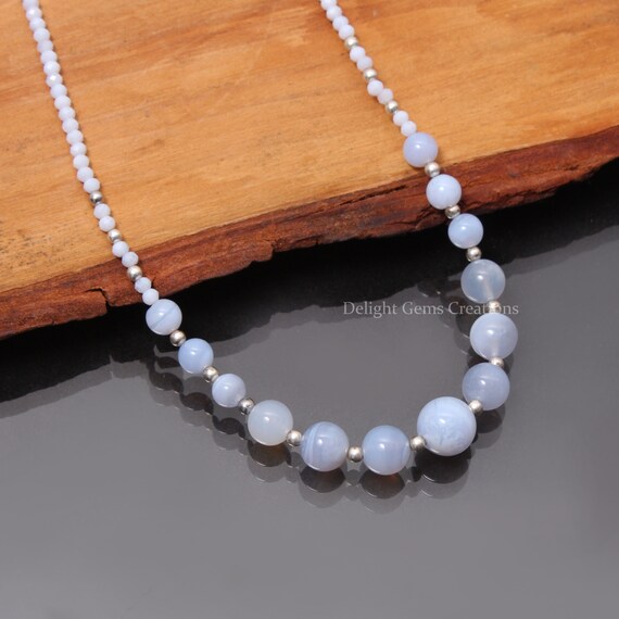 Collana In Agata Blu Sferica Liscia Con Chiusura Argento 925 - Made In Italy - Neuf Avec Étiquettes