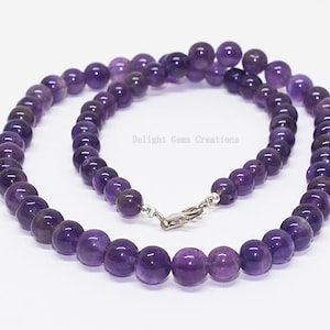 AAA++ Natural Amethyst Beaded Necklace, 8mm Purple Amethyst Smooth Round Bead Necklace, 925 Sterling Silver Gemstone Necklace Jewelry