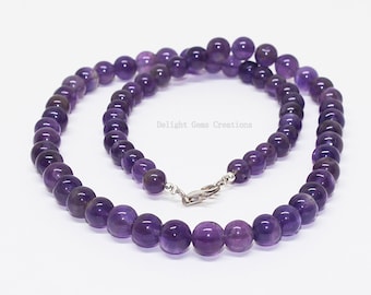 Amethyst Beaded Necklace, 925 Sterling Silver, Purple Gemstone Jewelry