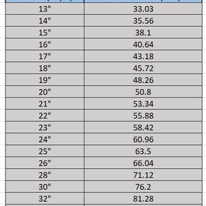 May include: A chart showing the conversion between inches and centimeters. The chart lists inches from 13 to 36, with the corresponding centimeter measurement for each inch.