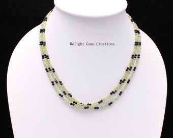 Natural Peridot With Black Spinel Beaded Necklace, 3mm Green And Black Designer Women's Necklace, AAA++ Tiny Beads 3 Layered Necklace