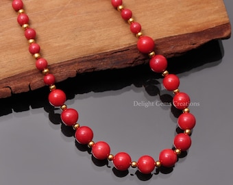 Natural Red Coral Beaded Necklace With Golden Brass Spacer Beads • 925 Sterling Silver Gold Lobster Clasp • Smooth Round Beads (18")
