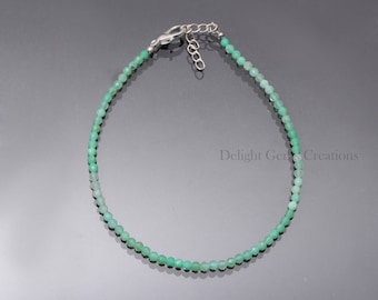 Green Chrysoprase Beaded Bracelet – 925 Silver Clasp, Faceted Gemstone