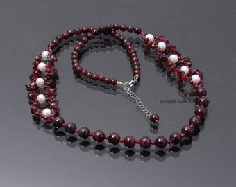 Natural Garnet Designer Beaded Necklace, Garnet With Pearl Necklace, Round Bead Necklace, Semi Precious Stone Necklace, Women's Necklace