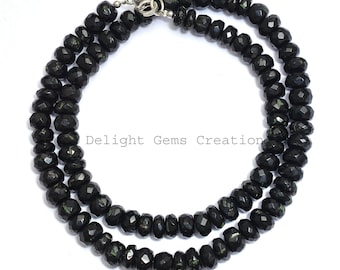 Black Tourmaline Beaded Necklace, Faceted Rondelle Beads, 18 Inches