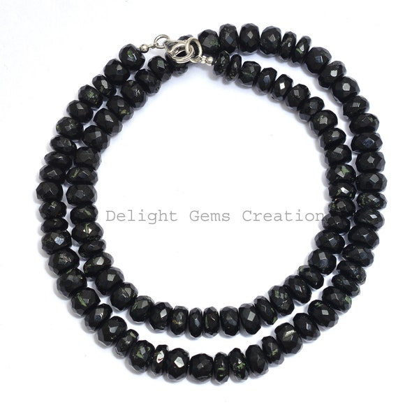 Black Tourmaline Beaded Necklace, 7-7.5mm Black Tourmaline Faceted Rondelle Beads Necklace,Black Bead Tourmaline Necklace,18 Inches Necklace