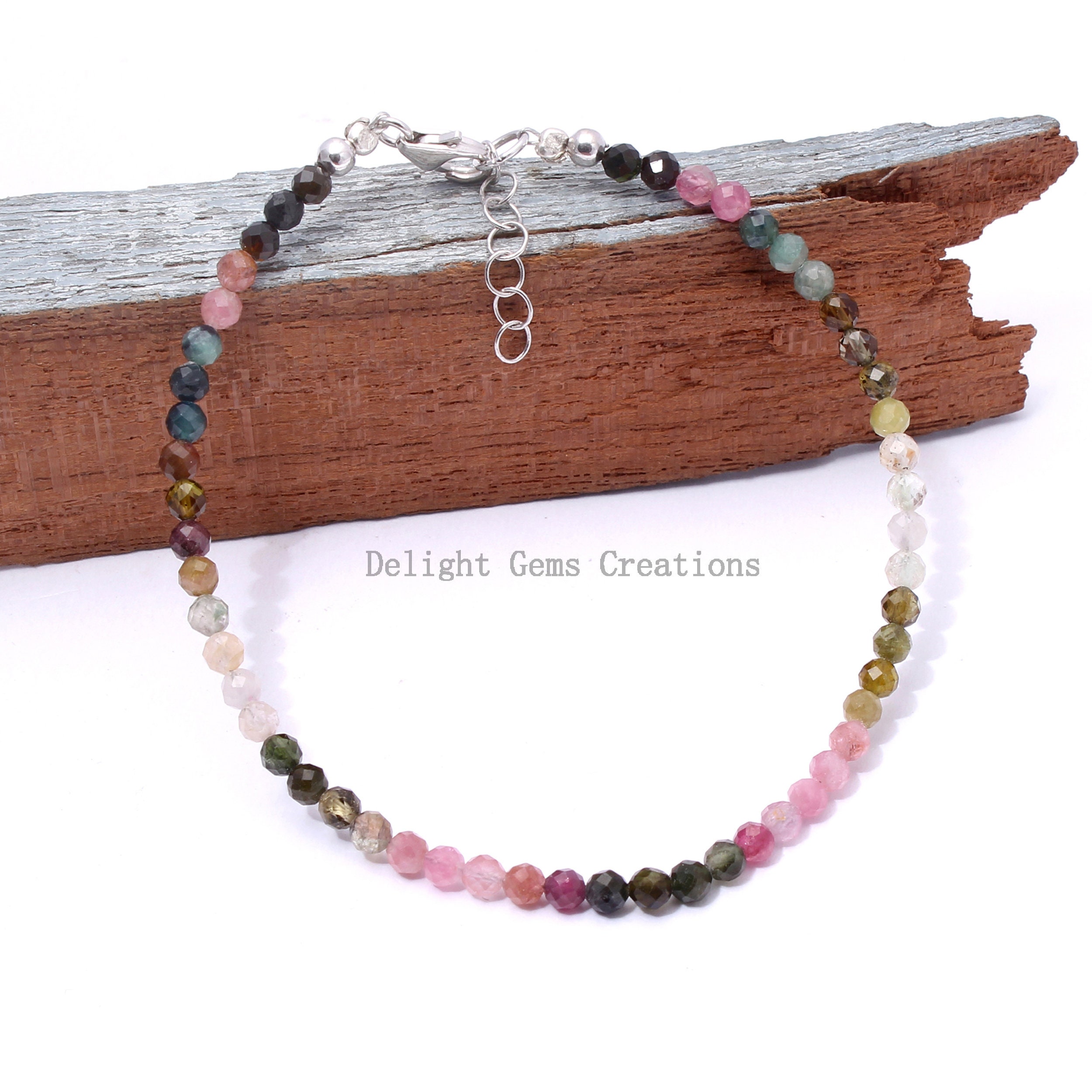 Bracelet Femme En Tourmaline Multicolore - Perles Rondes 2-3 Mm, Réglable, Plaque Argent 925, Fait Main
