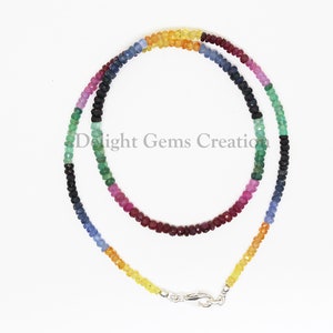 Ruby, Emerald, Sapphire Beaded Necklace, Natural Multi Precious Gemstone Necklace, 3-3.5mm Faceted Rondelle Beads Necklace, Women&#39;s Necklace