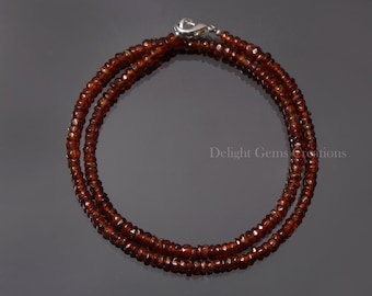 Natural Hessonite Beaded Necklace, 3.5-4 mm Deep Red Orange Faceted Rondelle Beads Necklace,Bead Necklace,925 Sterling Silver Clasp Necklace