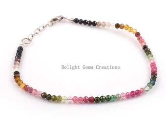 Watermelon Tourmaline Bracelet, 3mm Faceted Round Beads, Tiny Minimalist Bracelet