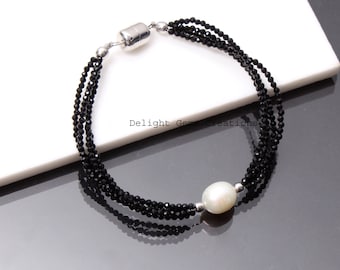 Bracelet en spinelle noir et perles, bijoux en pierres précieuses faits main