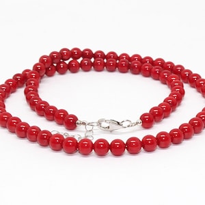 Red Coral Choker Beaded Statement Necklace, 6mm Coral Necklaces, Red Single Strand Necklace, 17 Inch Smooth Round Red Bead Necklace Jewelry