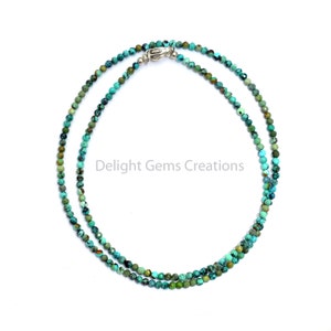 African Turquoise Necklace, 2 mm Turquoise Faceted Round Beads Necklace, Turquoise Beaded Necklace, Blue-Green Beads, Minimalist Gift Her