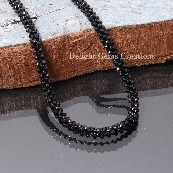 Black Spinel Hand Woven Beaded Necklace 2mm Micro Faceted Black