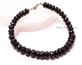 Black Tourmaline Faceted Rondelle Beaded Bracelet, 6-7mm