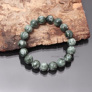 Genuine AAA++ Green seraphinite beaded bracelet-13mm smooth round green gemstone jewelry-Stretchable bracelet-chunky beads-Gifts ideas