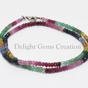 Ruby, Emerald, Sapphire Beaded Necklace, Natural Multi Precious Gemstone Necklace, 4mm Faceted Rondelle Beads Necklace, Elegant Gift For Her