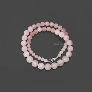 Rose Quartz Necklace, 6mm-12mm Rose Quartz Smooth Round Beads Necklace, Natural Rose Quartz Beaded Necklace, Semi Precious 18&quot;Inch Necklace