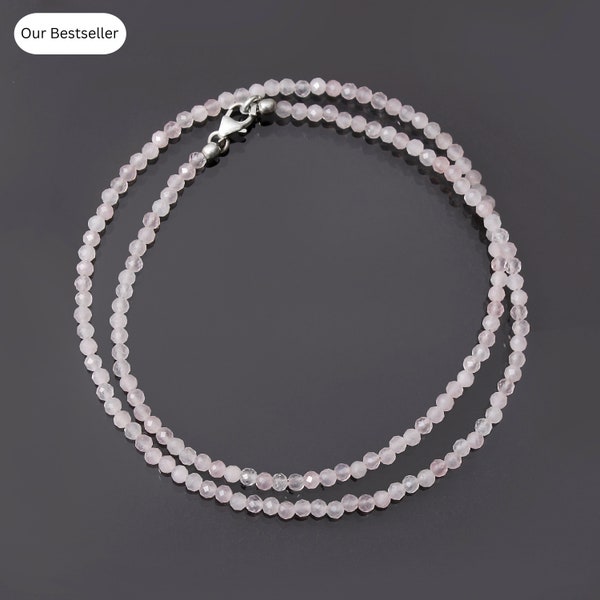 Natural Rose Quartz Bead Necklace, 3mm Rose Quartz Faceted Round Beaded Necklace, AAA Quality Tiny Rose Quartz Beads Silver Necklace Jewelry