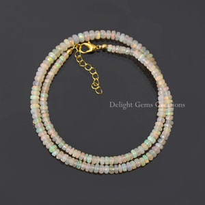Natural Ethiopian Opal Necklace, 4mm-5.5mm Ethiopian Multi Fire Opal Faceted Rondelle Beads Necklace, AAA++ Opal Beads Silver Clasp Necklace