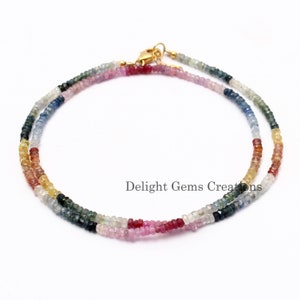 Multi Sapphire Beaded Necklace, 3mm Faceted Multi Sapphire Rondelle Beads Necklace, September Birthstone,Wedding Wear-Beautiful Gift For Her