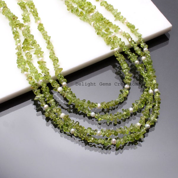 Natural green peridot with pearl beaded necklace-4mm-5mm Chips with potato gemstone necklace-women necklace-Best Gift Idea-Handmade necklace