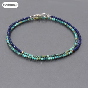 Natural Turquoise And Lapis Lazuli Beaded Necklace, 2-2.5mm Micro Faceted Round Bead Necklace,Gemstone Necklace,Minimalist Turquoise Jewelry