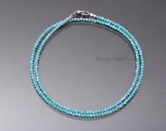 Amazonite Beaded Necklace, 2mm Amazonite Micro Faceted Round Beads Necklace, Blue Amazonite Necklace, Gift For Her, Tiny Beads Necklace