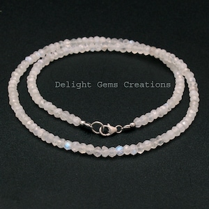 Natural Rainbow Moonstone Beaded Necklace, 4mm Rondelle Faceted Moonstone Necklace, Blue Fire Moonstone Layering Necklace, Gift For Her