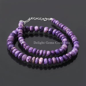 Genuine Natural Charoite Beaded Necklace, 7-10mm Purple Charoite Smooth Rondelle Beads Necklace,Unique & Mesmerizing Lavender-Purple Jewelry