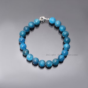 AAA++ blue apatite beaded bracelet-10mm smooth round blue gemstone jewelry-Unisex bracelet-925 lobster clasp-bridesmaid gifts-gifts for him