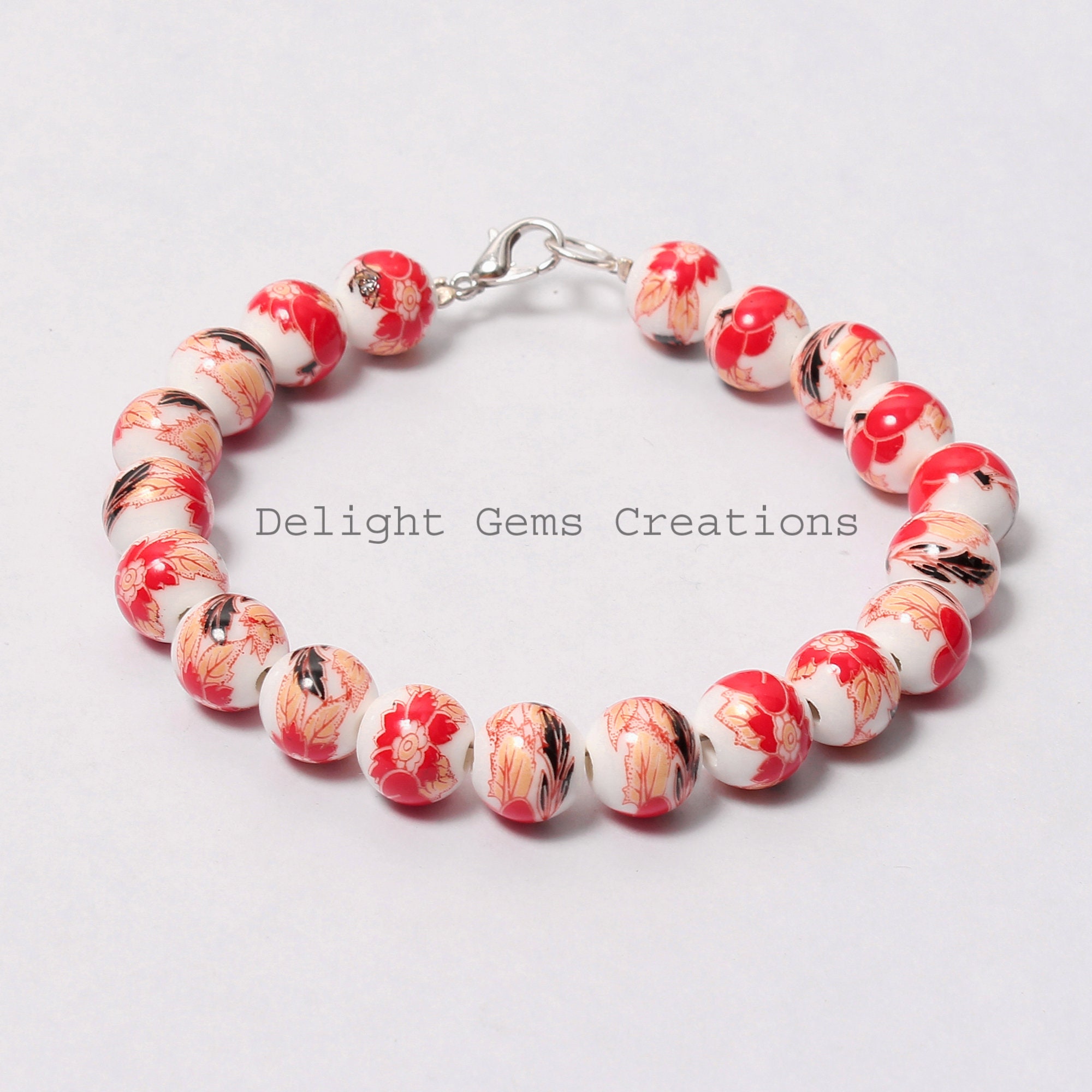 Bracelet en perle de céramique de fleur rouge, bracelet rond lisse en  céramique de 10 mm