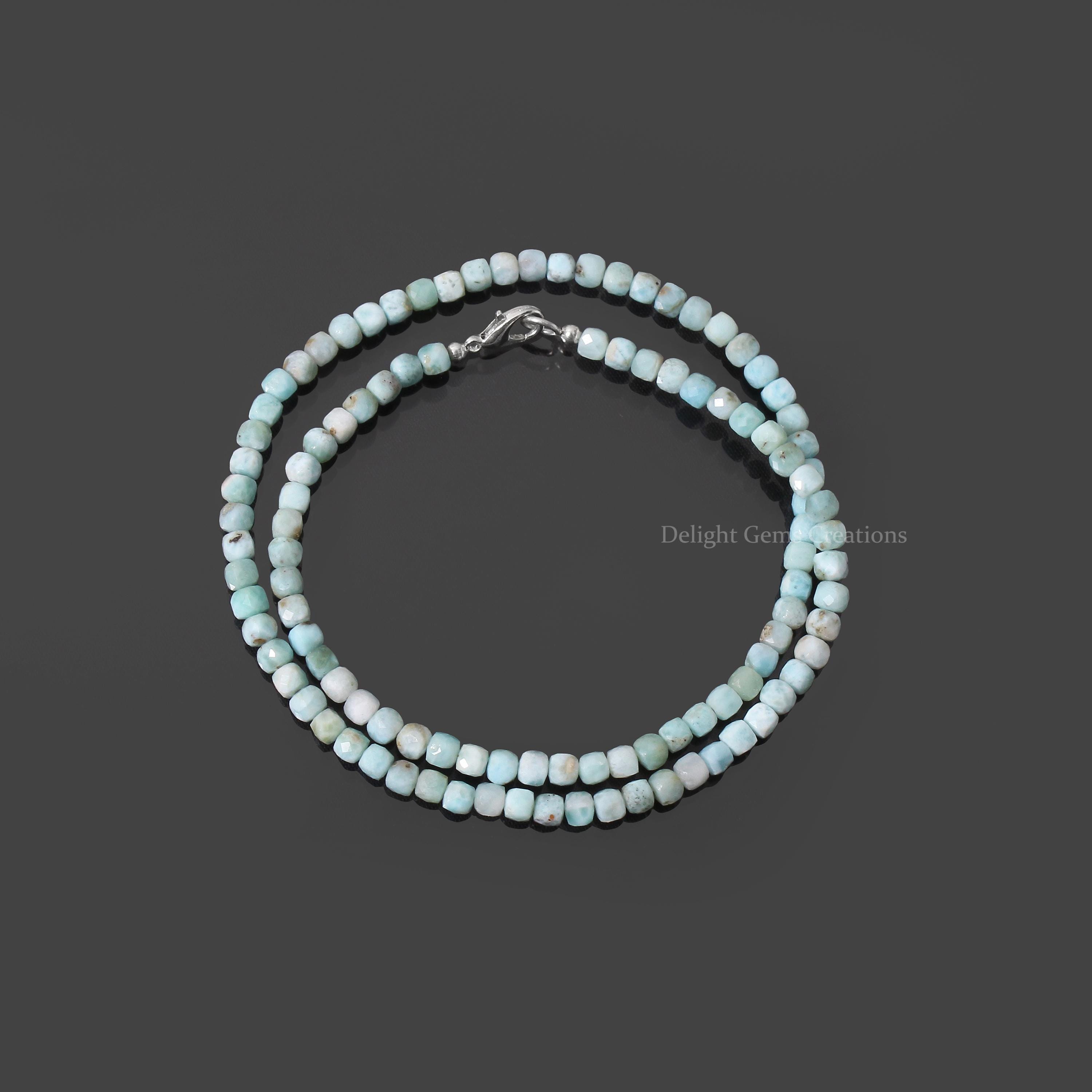 天然ラリマー ファセットキューブビーズネックレス 4.5mm 宝石 