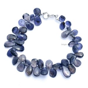 Natural Iolite Briolette Bead Bracelet - Handmade Iolite Faceted Pear Bead Bracelet - Sterling Silver Clasp - Gift For Her
