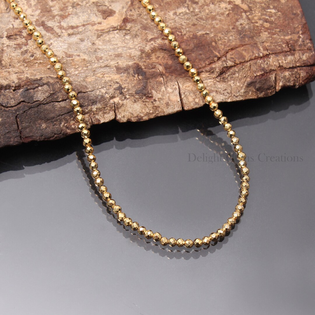 Collier Ras Du Cou Perles Pyrite Dorée Facettées, Plaqué Argent, 24 Pouces, Bundela Gems