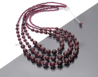Natural Garnet Beaded Necklace, 6-10mm Blood Garnet Smooth Round Beads Necklace, Wedding Necklace, Women's Necklace, Garnet Beaded Jewelry