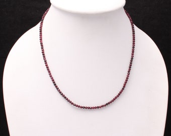 Rhodolite Garnet Beaded Necklace, Faceted Red Gemstone, 3mm Beads