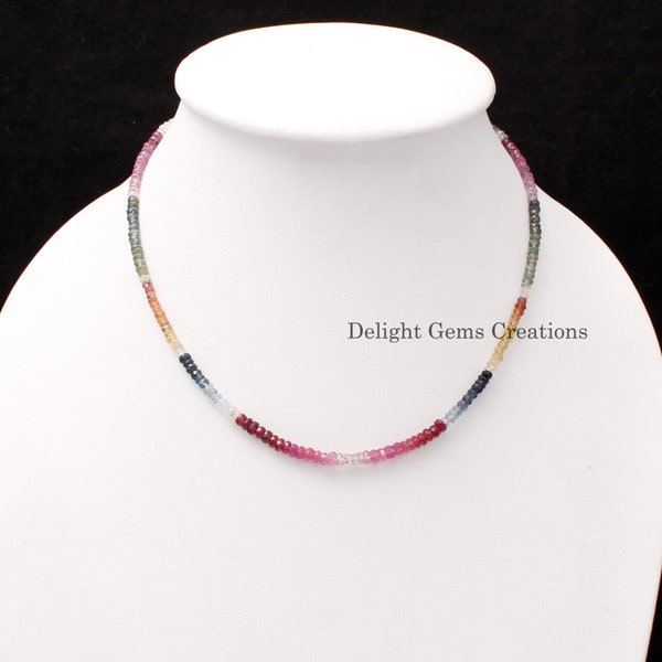 Natural multi sapphire beaded necklace, 3.5-4mm multi color sapphire faceted rondelle necklace, september birthstone jewelry,Bridesmaid Gift