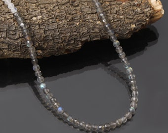 Natural Labradorite, Moonstone and Black Spinel Bead Necklace, Sterling Silver, 3mm-4mm Multi Stone Beaded Necklace, Faceted Round Necklace