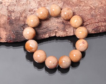 Pulsera elástica de cuentas de coral fósil, cuentas redondas lisas de coral fósil de 16 mm, pulsera elástica apilable, pulsera unisex, regalo para él