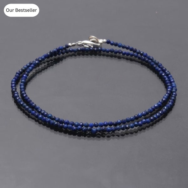 Lapis Lazuli Beaded Necklace, 2.5mm Blue Lapis Lazuli Micro Faceted Round Bead Necklace, Semi Precious Blue Tiny Beads Necklace 18 - 36 Inch