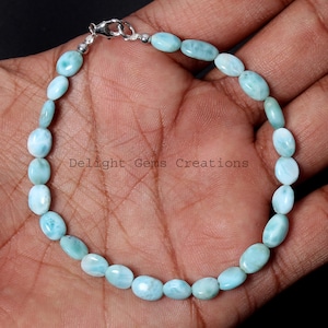 Dominican Larimar Smooth Oval Nuggets Bracelet, 7.5x6-9x6mm Blue Larimar Smooth Tumble Bracelet, AAA Larimar Beaded Bracelet 6-9 Inches