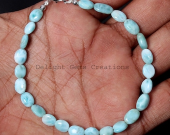 Dominican Larimar Smooth Oval Nuggets Bracelet, 7.5x6-9x6mm Blue Larimar Smooth Tumble Bracelet, AAA Larimar Beaded Bracelet 6-9 Inches