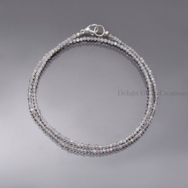 Natural Labradorite Necklace, Sterling Silver, 2.5mm Labradorite Grey Beads Necklace, Labradorite Beaded Necklace, 18" Labradorite Jewelry